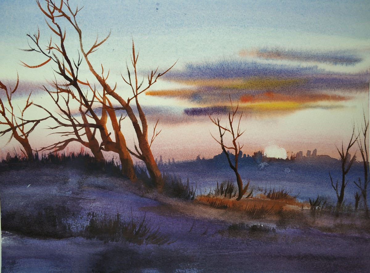 Impressionistic Landscape Watercolour By Jing Chen, 15 X 11, Dusk, Original Artwork