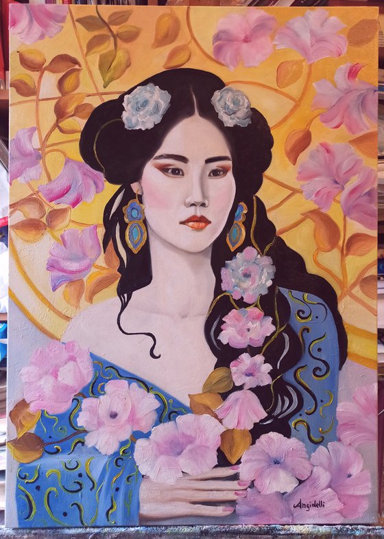 Geisha with pink flowers