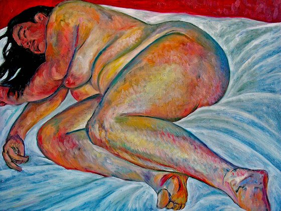 RECLINING NUDE ON WHITE SHEET