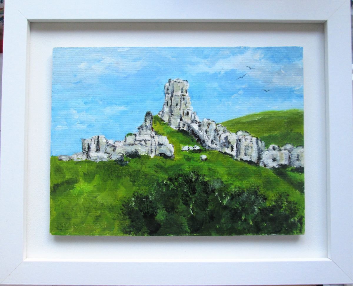 Corfe Castle, Dorset coastal scene, small framed painting by MARJANSART