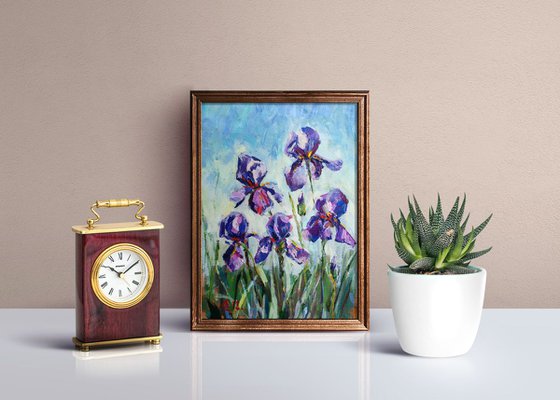 Irisis. Study. Original oil painting. Small flowers purple landscape impressionism etude colors green decor interior