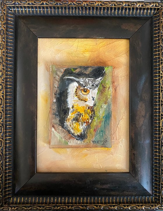 Hiding Owl Original Oil painting 5x7 on gessoed panel board Oil