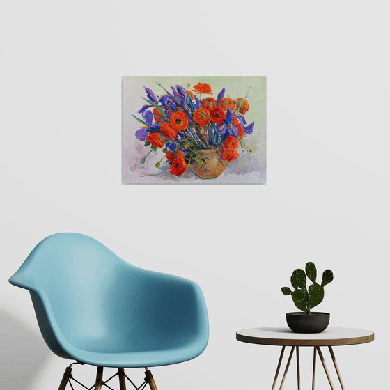Orange Ranunculus and Blue Iris Flowers