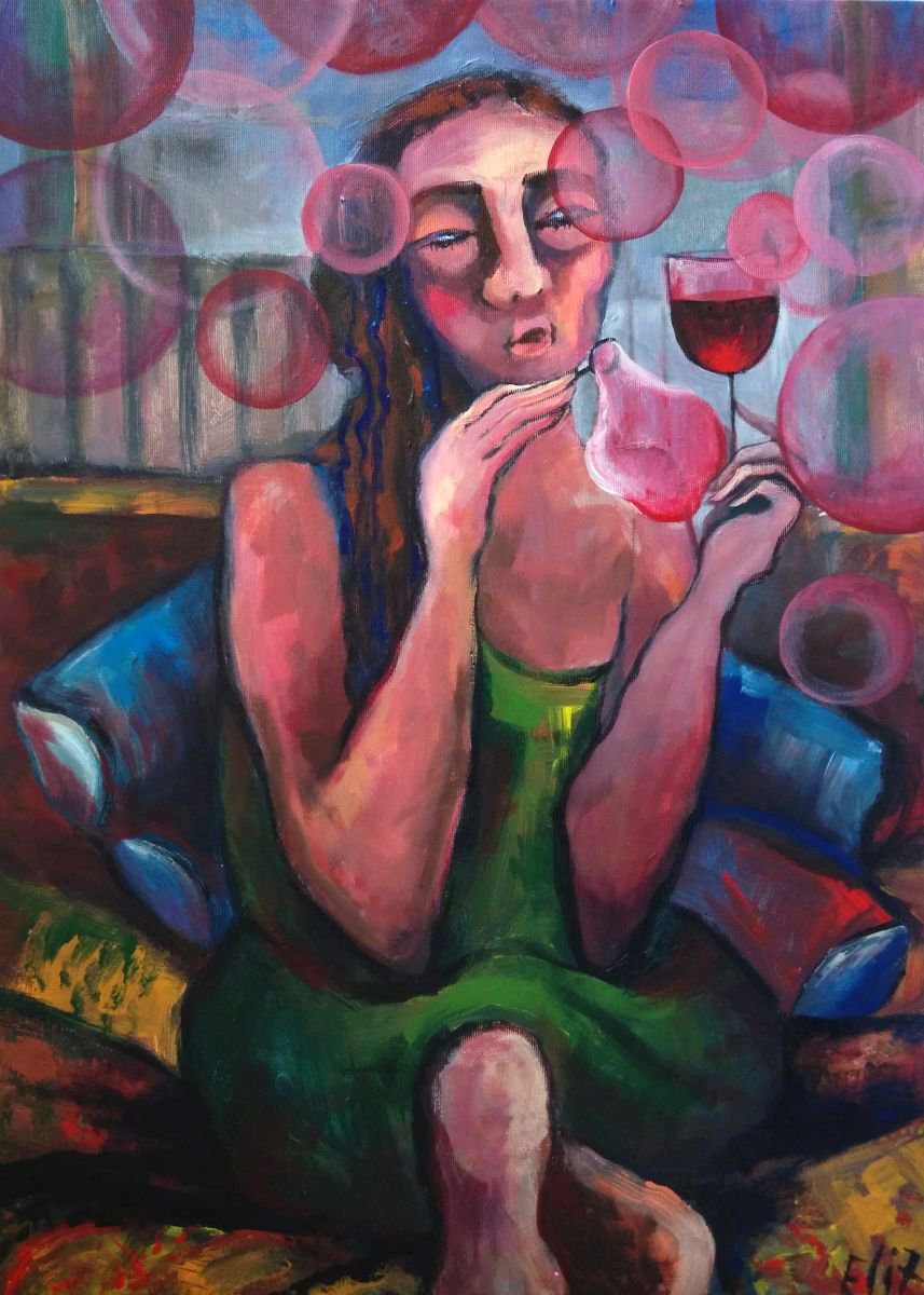 Expressive Portrait Acrylic Painting By Elisheva Nesis, 20 X 28, Wine Bubbles, Original Artwork