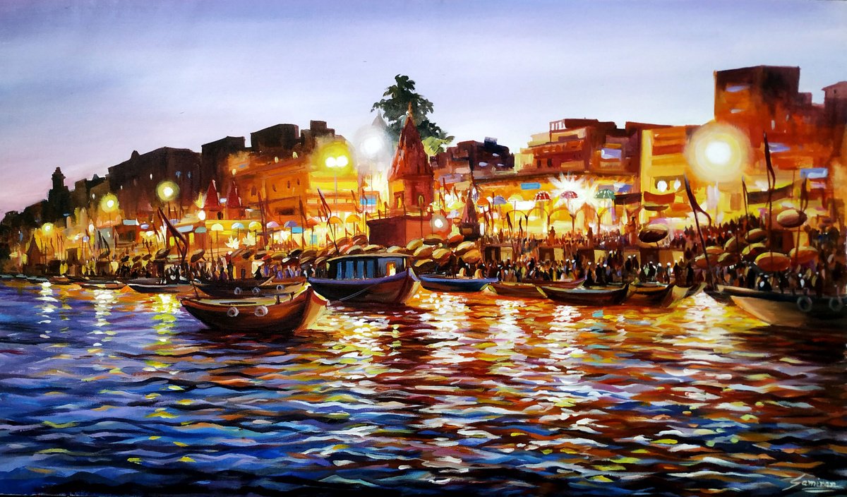Impressionistic Cityscapes Acrylic Painting By Samiran Sarkar, 41 X 24", Evening Varanasi Ghats, Original Artwork