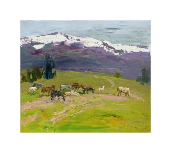 Cloudy day . Sheep in the mountains . Original oil painting