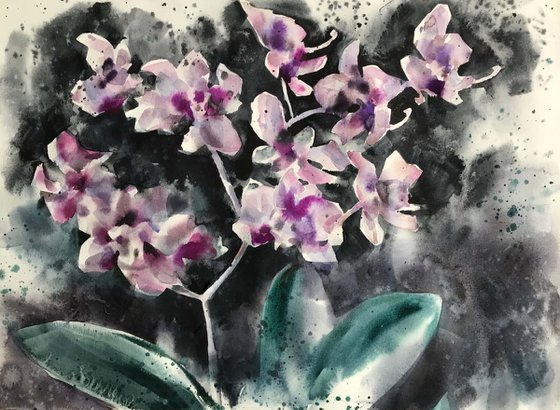 Lilac butterflies. Orchid. one of a kind, original painting.