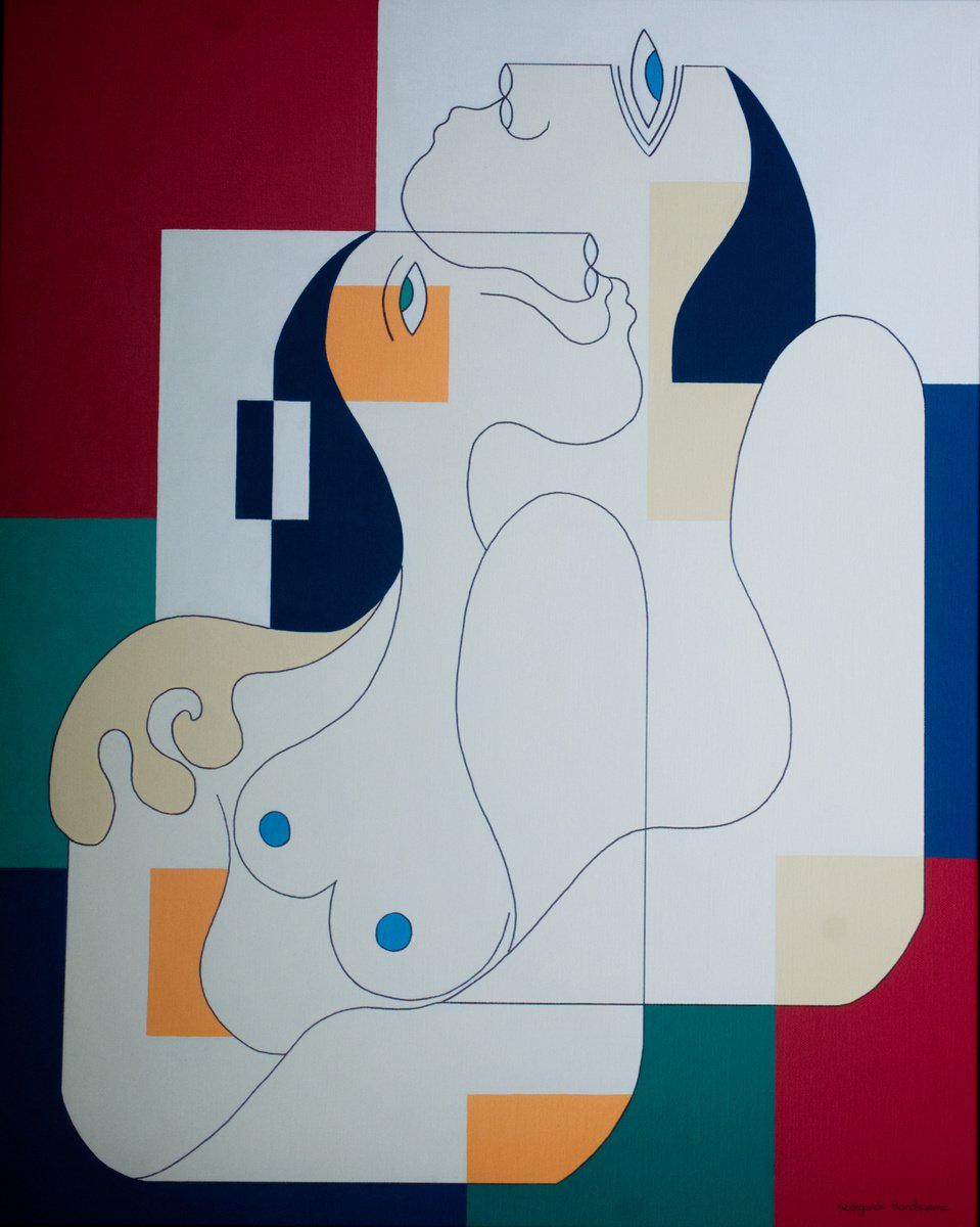Geometric Portrait Acrylic Painting By Hildegarde Handsaeme, 31 X 39, Laserenite, Original Artwork