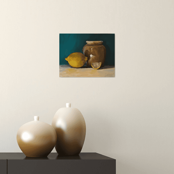 Lemons and Ceramic Pot Still Life