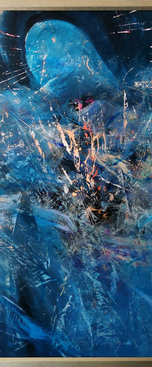 Large framed masterpiece dark blue angel series painting by KLOSKA by Kloska Ovidiu