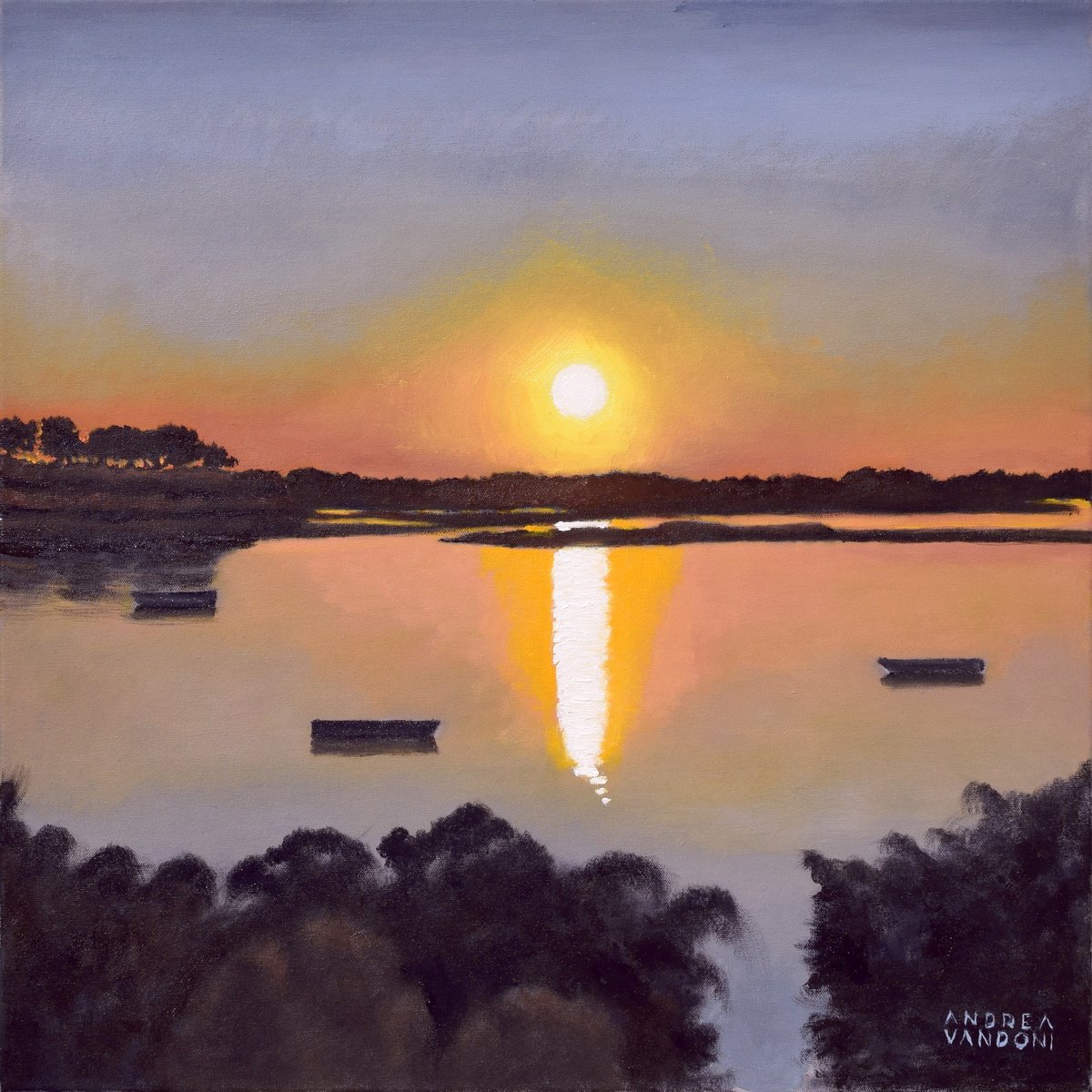 Photorealistic Landscape Oil Painting By Andrea Vandoni, 24 X 24, Sunset On The Lagoon, Original Artwork