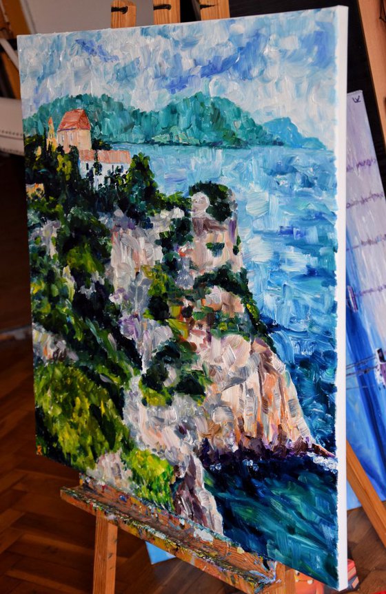 Greece island seascape large oil painting on canvas, monastery on mountain, coastal home decor