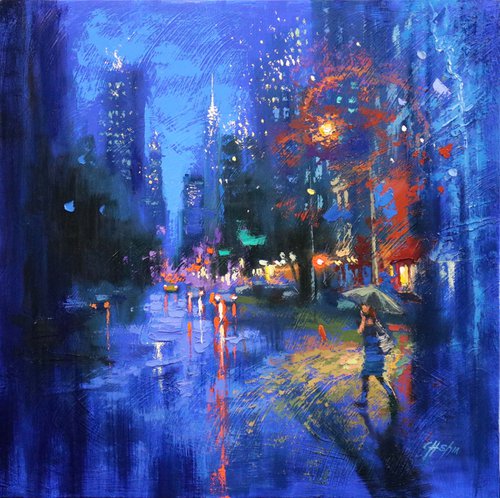Blue Rain in Fifth Avenue by Chin H Shin