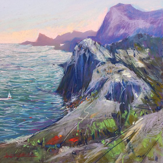 Ukrainian painting Sudak Crimea Mountains and sea landscape Soft pastel 19.6x19.6 inch (50x50 cm)