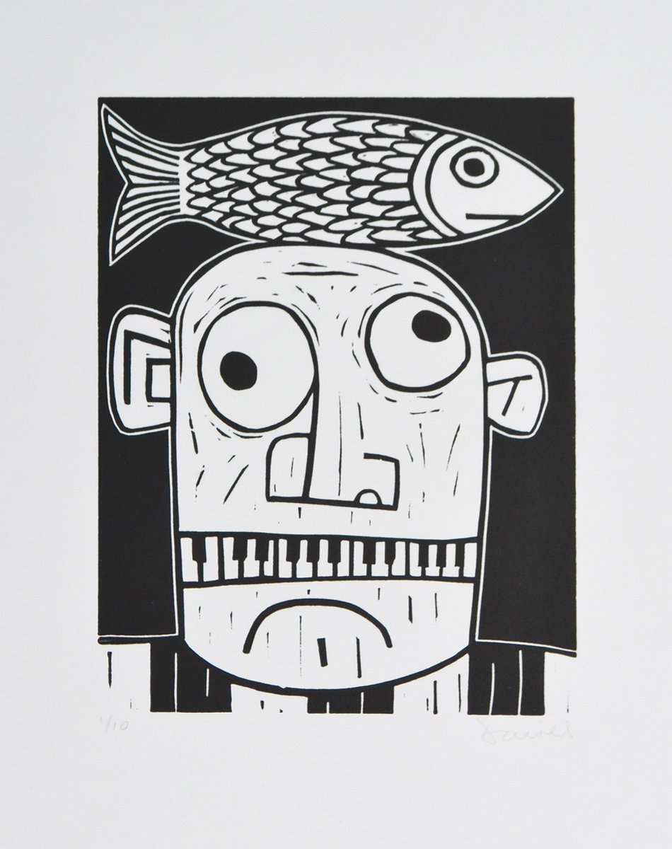 Graphic Portrait Linocut By Julian Davies, 9 X 11", Scales, Original Artwork