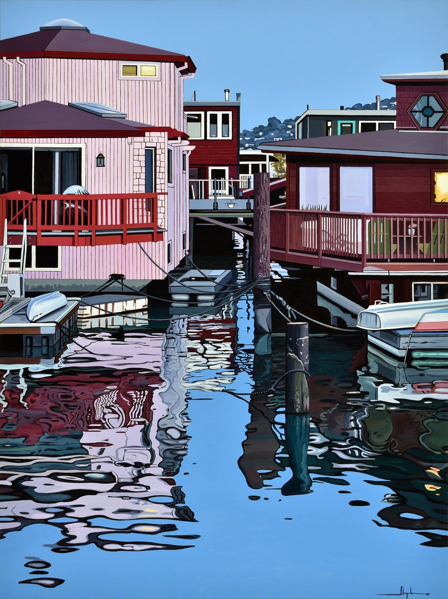 Photorealistic Landscape Acrylic Painting By Alex Nizovsky, 30 X 40, Yellow Ferry Dock #2 / Sunset, Original Artwork