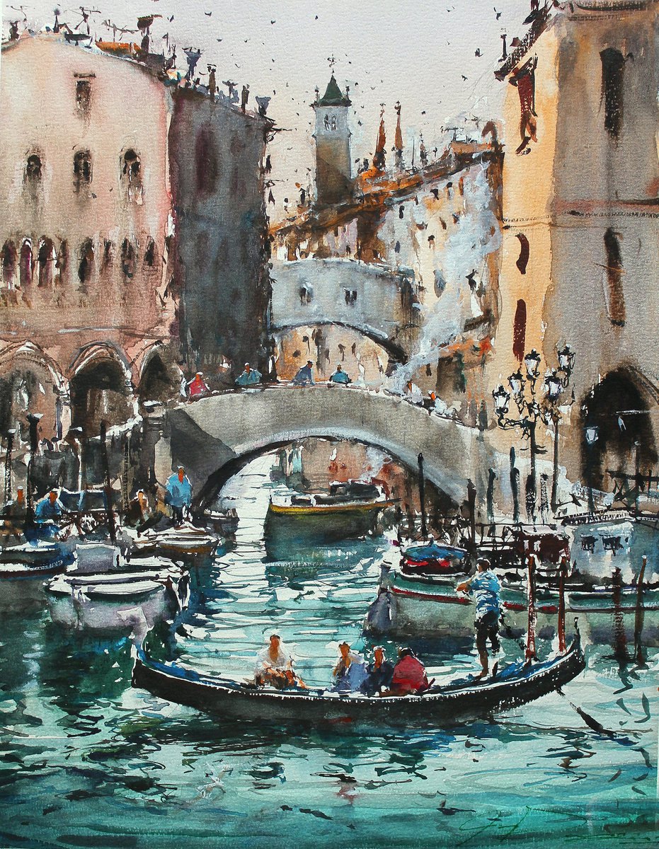 Impressionistic Cityscapes Watercolour By Maximo Damico, 12 X 16", Ponte Della Paglia, Original Artwork