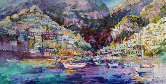 Painting Positano Amalfi Coast, landscape Italy