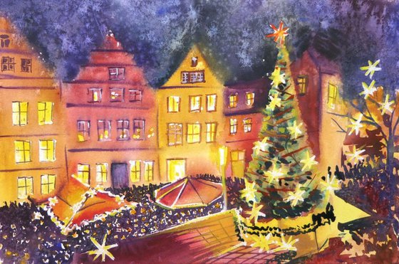 German Christmas Market Watercolor Painting Warm Lights Winter