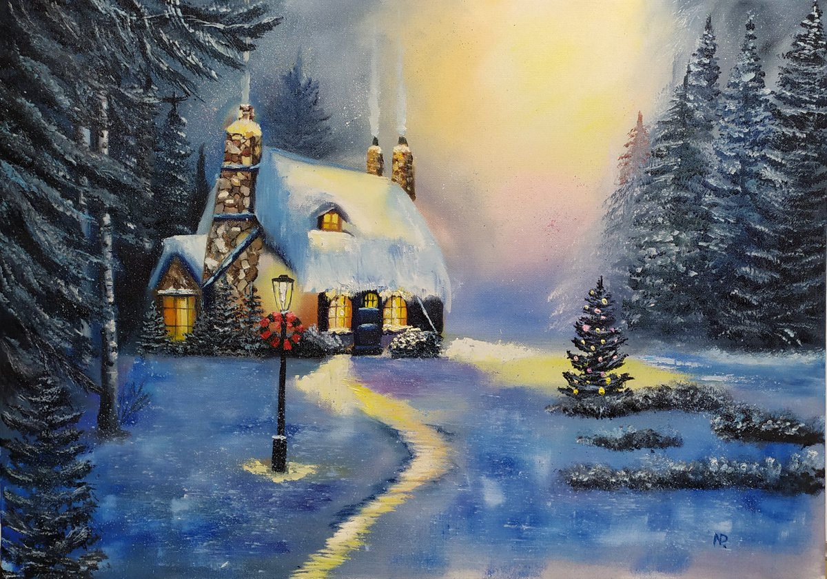 Christmas tale, original winter, forest, house, snow, landscape oil painting by Nataliia Plakhotnyk