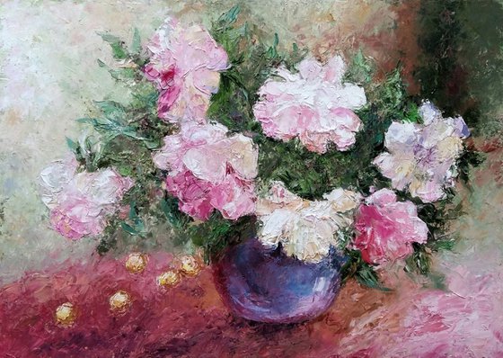 Peonies and cherries, 70x50 cm, original artwork, FREE SHIPPING