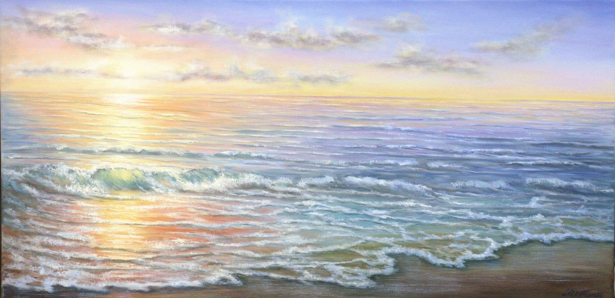 Expressive Oil Painting , Ocean Sunset By Ludmilla Ukrow, 39 X 20, Artwork For Sale On Artfinder