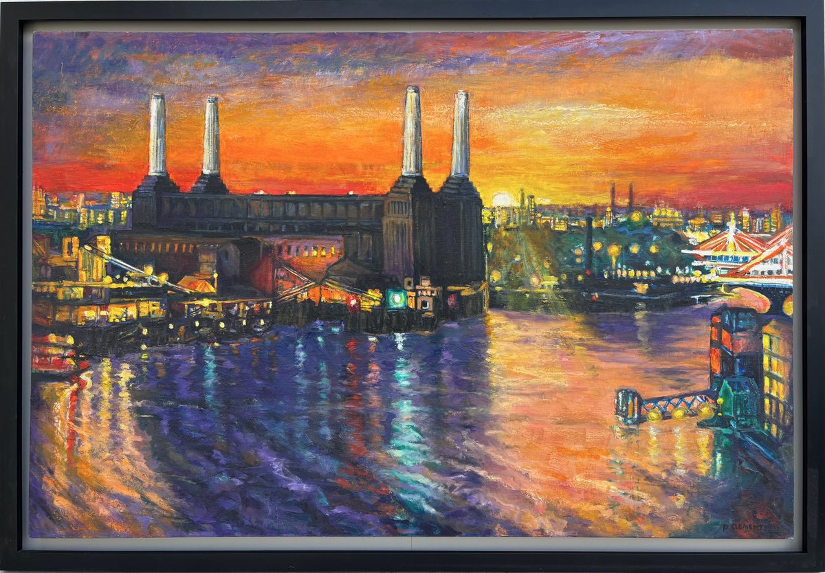 Impressionistic Cityscapes Oil Painting By Patricia Clements, 49 X 33", Battersea Power Station, Original Artwork