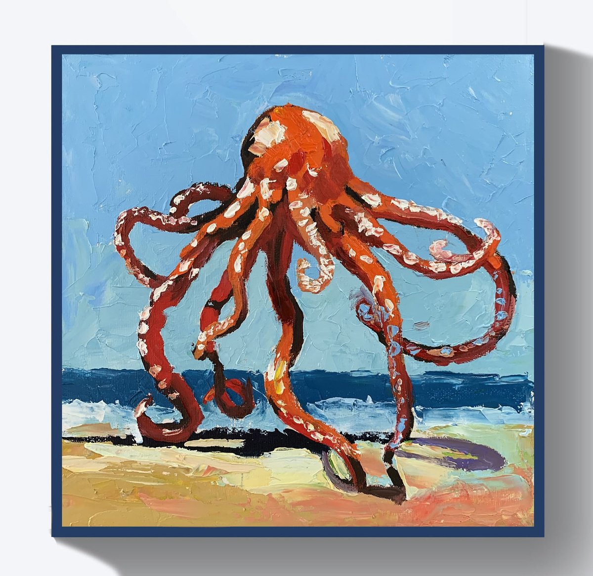 Impressionistic Animal Oil Painting By Vita Schagen, 10 X 10", Red Octopus., Original Artwork