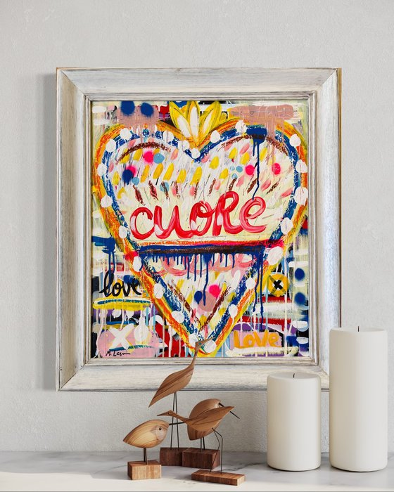 White Cuore, with vintage frame (75x66 cm) ready to hang