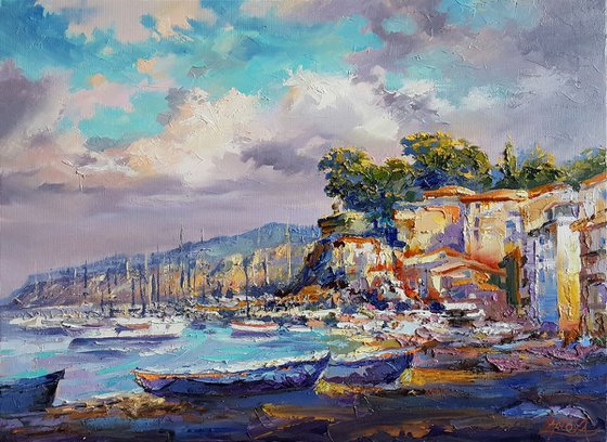 Painting Sorrento cityscape, Amalfi Coast original oil landscape