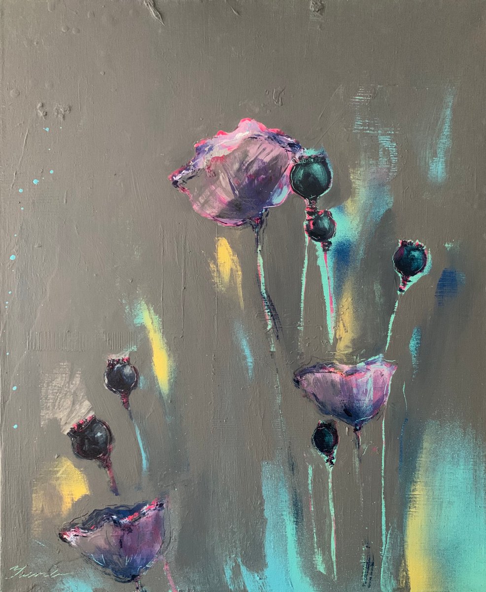 Impressionistic Botanical Acrylic Painting By Yaroslav Yasenev, 20 X 24", Poppies, Original Artwork