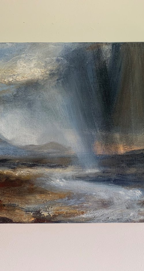 Glen in A Sudden Beam of Light. Semi abstract classical landscape on canvas 30x40cm. by Jackie Smith