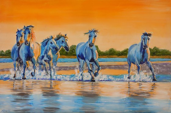 Splashing Horses at Sunset