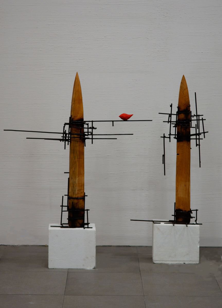 Landscape Sculpture By Petq Popova, 47 X 31", "Little Red Bird", Original Artwork