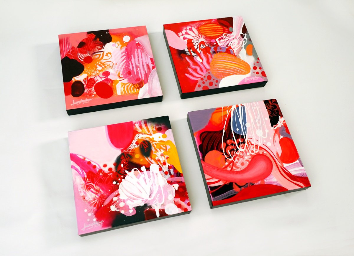 La joie en rose N1, N2, N3, N4 ( Set of 4 paintings ) by LIANG Hailun