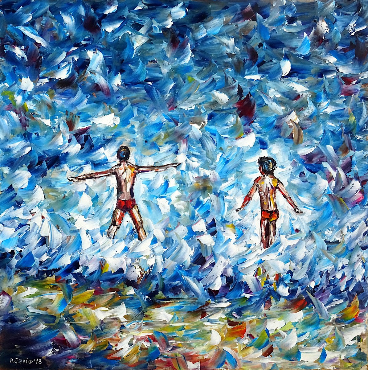 Expressive Oil Painting , Bathing Children In The Sea By Mirek Kuzniar, 20 X 20, Artwork For Sale On Artfinder