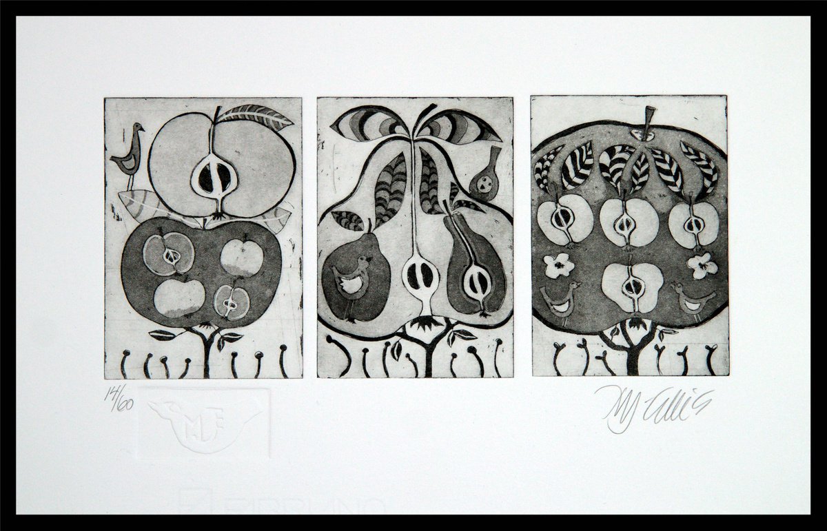 Apples and Pear, aquatint etching by Mariann Johansen-Ellis