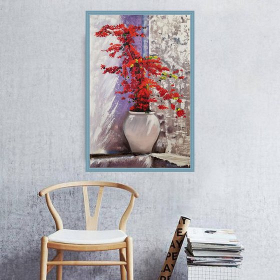 Red Flowers in a Vase. Bougainvillea.