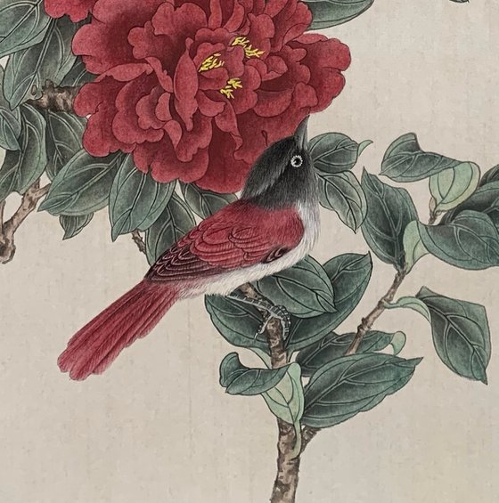 Tranquility, Camellia & Bird Original Brush Painting