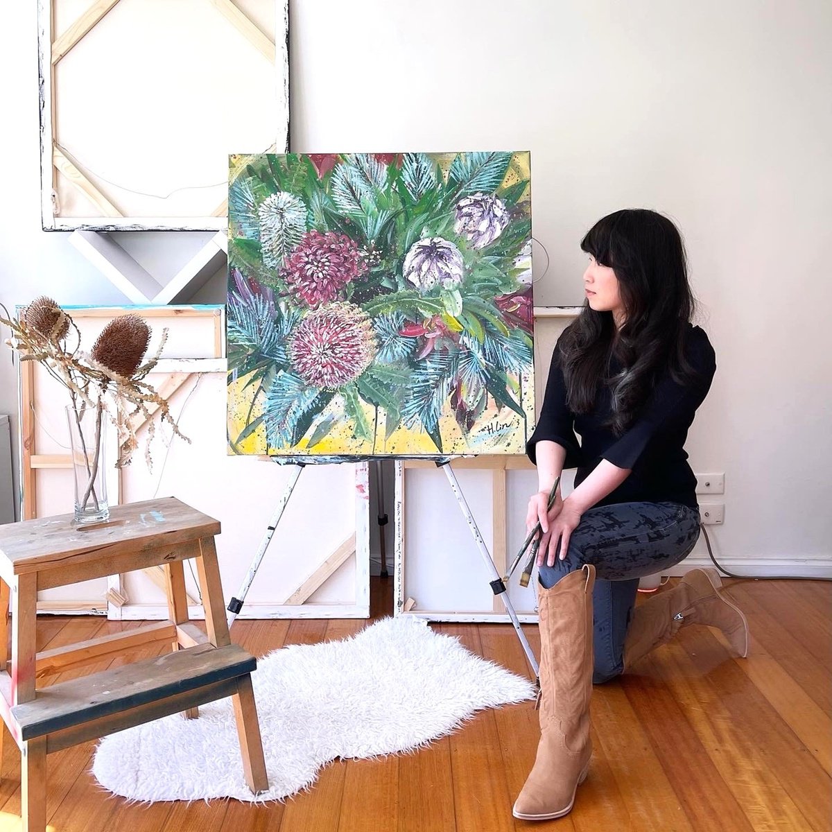 Expressive Botanical Acrylic Painting By Hsin Lin, 30 X 30, Joyous Heart Forever Love, Original Artwork