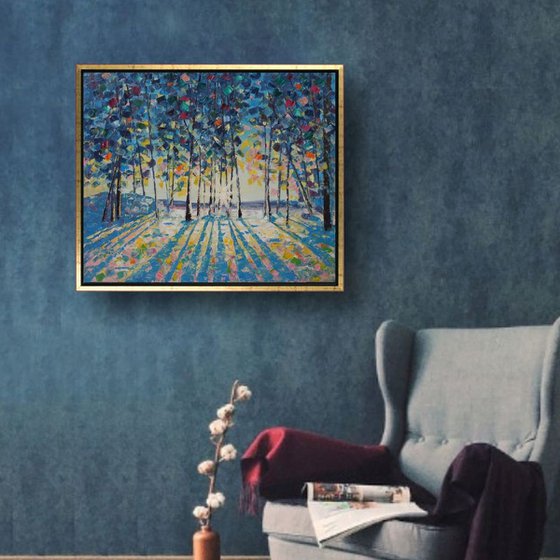 Sunset in the Grove Oil Painting Landscape, Winter Forest in Bright Joyful Colors, Sun and Trees Winter Landscape, Blue Nature Medium Size Painting