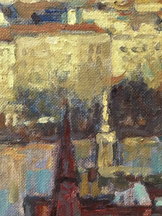 Original Oil Painting Wall Art Signed unframed Hand Made Jixiang Dong Canvas 25cm × 20cm Cityscape Golden Budapest Small Impressionism Impasto