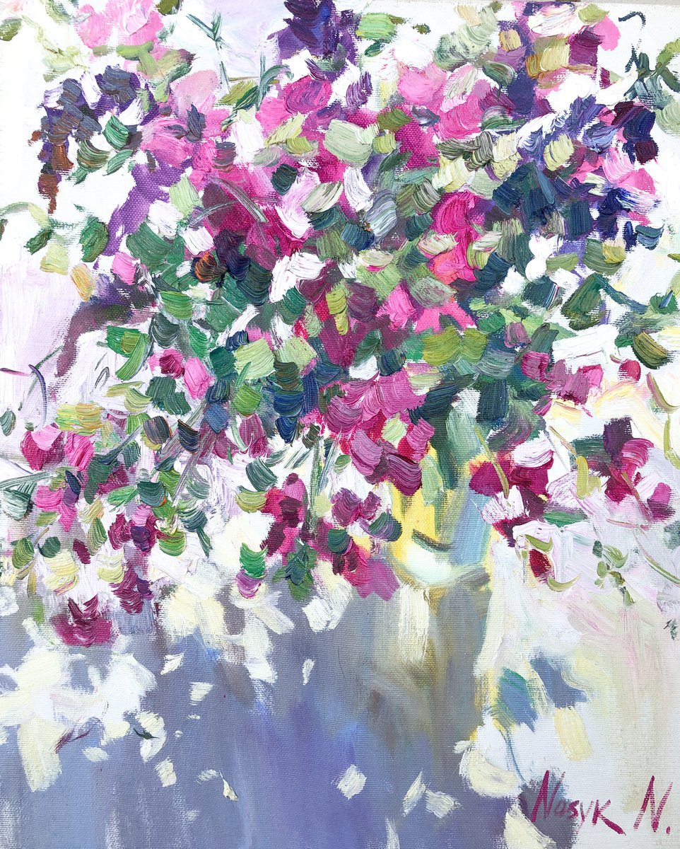 Wild pink peas flowers | Bouquet original oil painting by Nataliia Nosyk