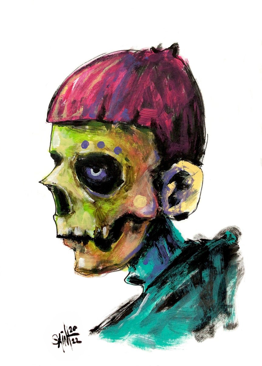 #40 Zombie portrait painting original art, Horror Naive Outsider Folk Art Brut Strange acr... by Ruslan Aksenov