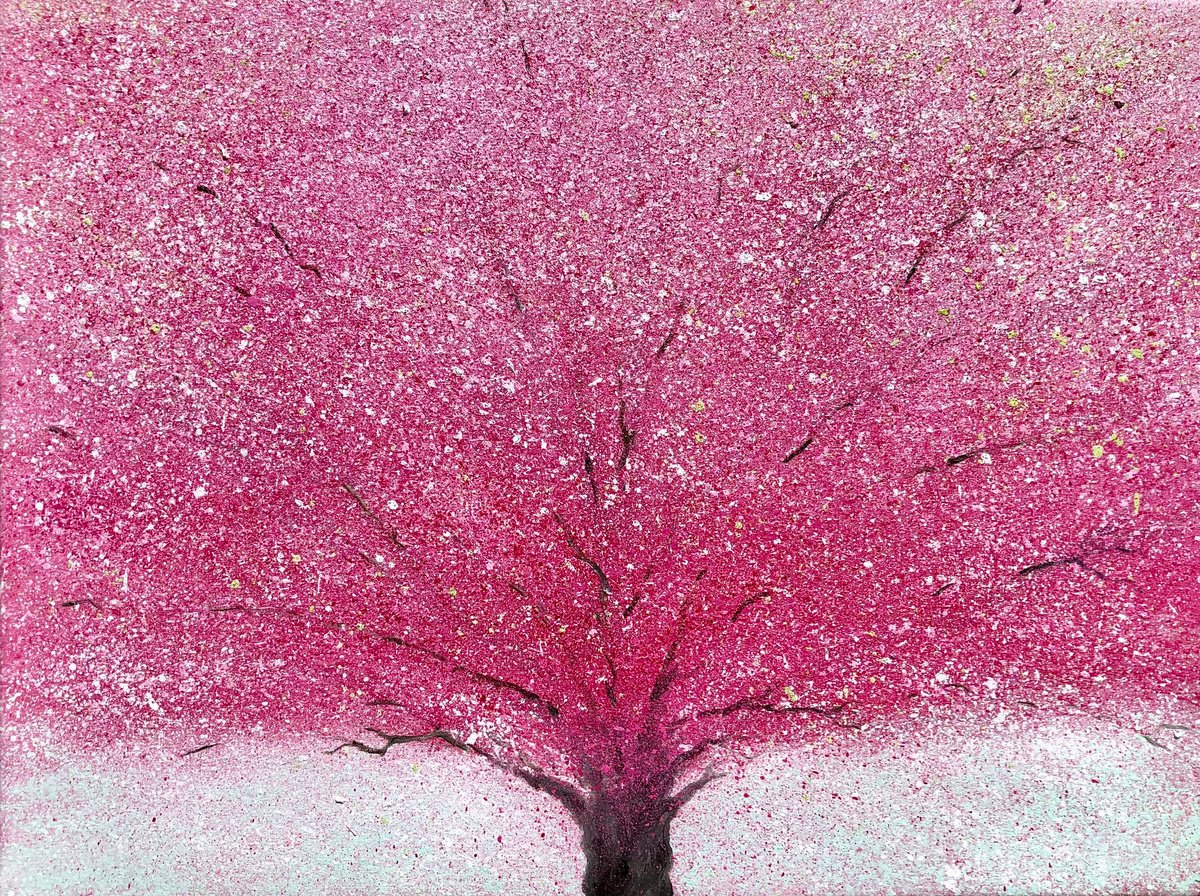 Expressive Botanical Oil Painting By Volodymyr Smoliak, 31 X 24", Pink Tree, Original Artwork