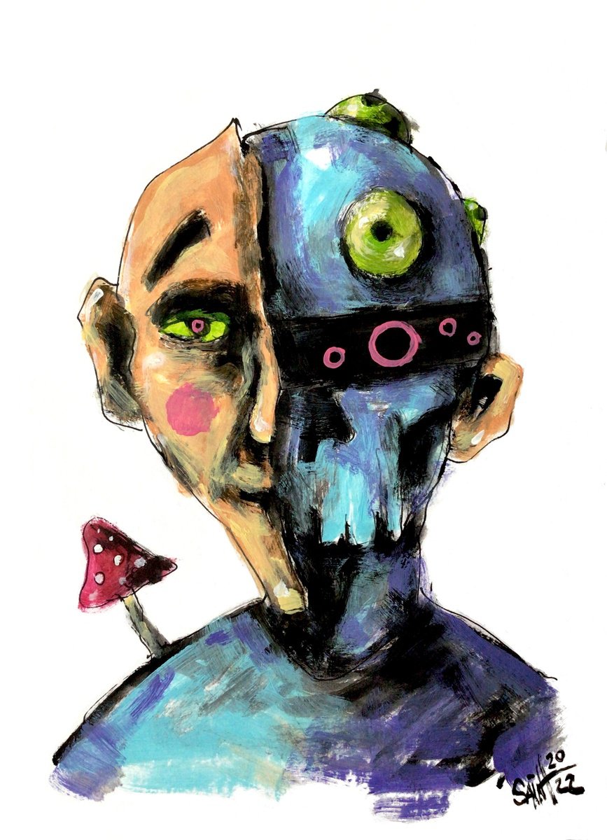 #43 Alien Zombie portrait painting original art, Horror Naive Outsider Folk Art Brut Stran... by Ruslan Aksenov