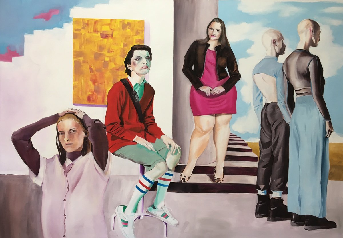 Urban And Pop Portrait Oil Painting By Kujbus Janos, 79 X 53", The Pyramid, Original Artwork