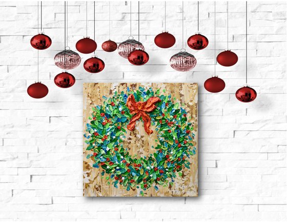 Holiday Wreath - Original Acrylic Painting, Textured Christmas Art