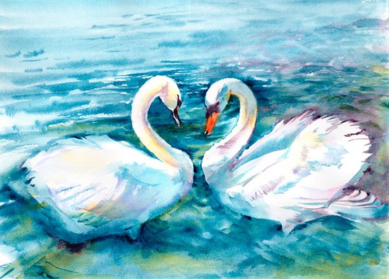 Swan painting, Swans in love, Original watercolour painting, Heart shape,