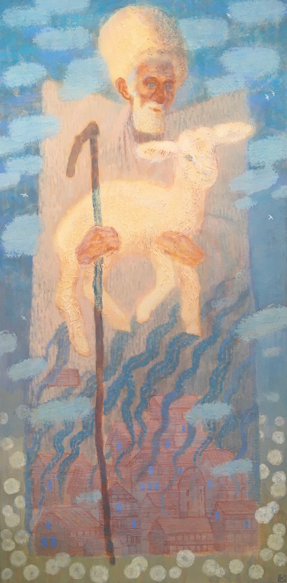 Surrealistic Portrait Acrylic Painting By Olga Kataeva-Rochford, 24 X 47", Old Shepherd, Original Artwork